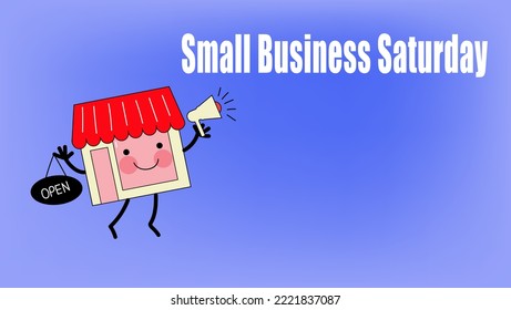 Funny Store Character  With Megaphone And A Sign Opensaturday Small Business Event, Vector Doodle Cartoon Flat Illustration , Banner, Poster, Flyer For Social Media.