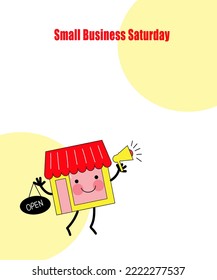 Funny Store Character  With Megaphone And A Sign Opensaturday Small Business Event, Vector Doodle Cartoon Flat Illustration , Banner, Poster, Flyer For Social Media.