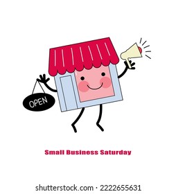 Funny Store Character  With Megaphone And A Sign Opensaturday Small Business Event, Vector Doodle Cartoon Flat Illustration , Banner, Poster, Flyer For Social Media.