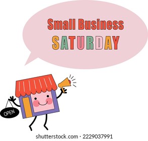 funny store character  with megaphone and a sign opensaturday small business event, vector doodle cartoon flat illustration , banner, poster, flyer for social media.