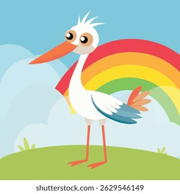 Funny Stork character. Vector flat cartoon character illustration icon. Cute white stork, dove concept. Cartoon white stork in flat design style. Illustration of bird animal, Stork with wings.