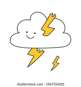 Funny storm cloud with cute lightning. Weather, state of mind, positive and psychology. Thin line vector illustration on white.