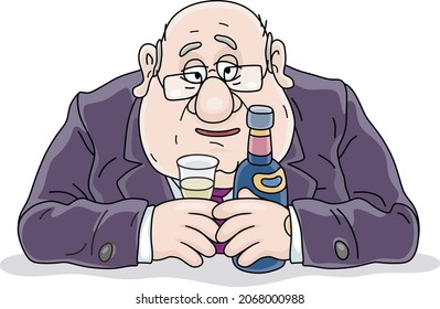 Funny stout balding man with sad expression holding a glass and a bottle of wine, vector cartoon illustration isolated on a white background