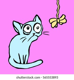 funny strange cartoon blue cat sitting and looking vector illustration