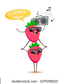 Funny strawberries on top of each other with a tape recorder dancing and listening to music. Cartoon characters in kawaii style at the summer party. Vector berries isolate.