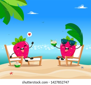Funny strawberries rest on chairs on the loungers on the beach in a cartoon style. Vector illustration on white background in flat style.