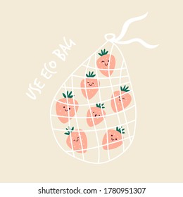 Funny strawberries in reusable mesh shopping bag. Bring your own bag concept.