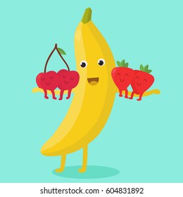 Funny strawberry, banana and cherry. Vector illustration. Comic character.