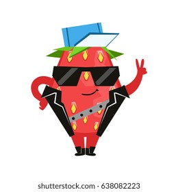 Funny strawberry in a black vest and glasses showing victory sign. Cute cartoon emoji character vector Illustration
