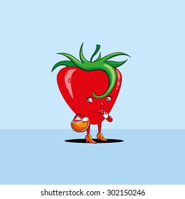 Funny strawberry cartoon character standing with finger in her mouth 