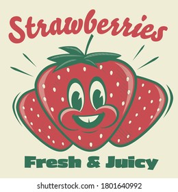 funny strawberry cartoon illustration in retro style