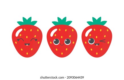 Funny Strawberry In Cartoon Style. Greeting Card Or Poster For Children's Learning, Printing On The Pack, Printing On Clothes Or Utensils. Character With A Face And A Smile. Vector Illustration