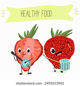 Funny strawberry character design. Fruit poster. Vector illustration. Hand drawn, texture, kids menu.