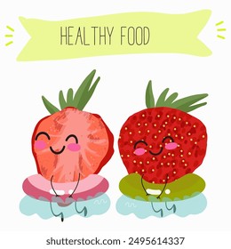 Funny strawberry character design. Fruit poster. Vector illustration. Hand drawn, texture, kids menu.