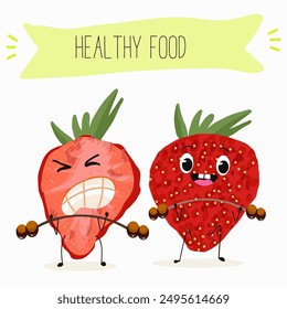 Funny strawberry character design. Fruit poster. Vector illustration. Hand drawn, texture, kids menu.