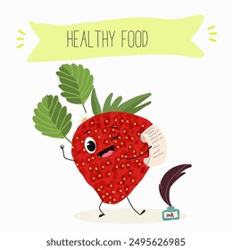 Funny strawberry character design. Fruit poster. Vector illustration. Hand drawn, texture, kids menu.