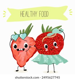 Funny strawberry character design. Fruit poster. Vector illustration. Hand drawn, texture, kids menu.