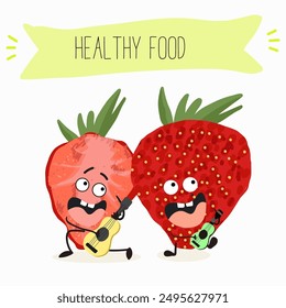 Funny strawberry character design. Fruit poster. Vector illustration. Hand drawn, texture, kids menu.