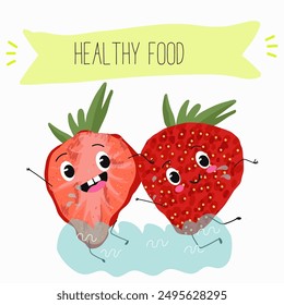 Funny strawberry character design. Fruit poster. Vector illustration. Hand drawn, texture, kids menu.