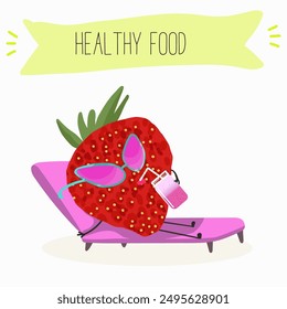 Funny strawberry character design. Fruit poster. Vector illustration. Hand drawn, texture, kids menu.
