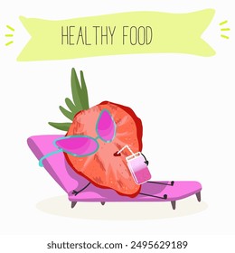 Funny strawberry character design. Fruit poster. Vector illustration. Hand drawn, texture, kids menu.