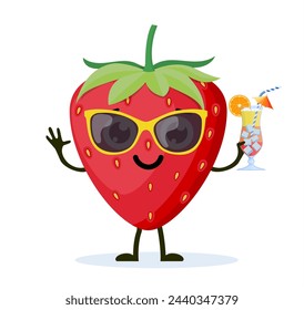 Funny strawberry character with human face and cocktail glass having fun at party. Colorful summer design. Vector illustration in flat style