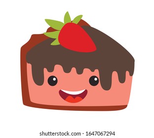 Funny strawberry cheesecake vector illustration. Happy cake character with cute face. Chocolate sweet cake emoji. Emotional pastry food. Bakery icon, isolated on white background