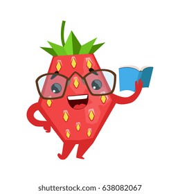 Funny strawberry in eyeglasses reading book. Cute cartoon emoji character vector Illustration