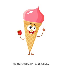 Funny strawberry ice cream character in wafer cone with smiling face, cartoon style vector illustration isolated on white background. Cute smiley strawberry ice cream cone character with eyes and legs