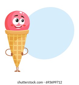 Funny strawberry ice cream character in wafer cone with smiling face, cartoon style vector illustration with space for text. Cute smiley strawberry ice cream cone character with eyes and legs