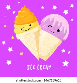 Funny strawberry and lemon ice cream character in waffle cone with smiling face, cartoon style vector illustration isolated on pink background. Cute smiley with strawberry ice cream with eyes
