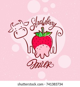 Funny Strawberry Milk illustration. Red sweet berry with udder of a cow. 