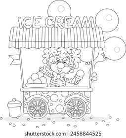 Funny street ice-cream cart and a merry circus clown vendor friendly smiling and waving in greeting, black and white vector illustration for a coloring book