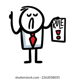 Funny strict man in business suit holds a list of rules and attracts attention. Vector illustration of stickman and important information.