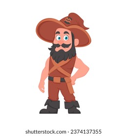 Un hombre pirata gracioso y estricto. Un tipo disfrazado de pirata. Estilo de la caricatura