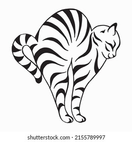 Funny striped black and white cat illustration. Cat silhouette drawing by hand. Abstract silhouettes of striped cats. Calligraphic vector image isolated on white background. Tattoo, logo design.