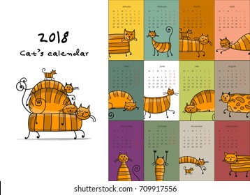 Funny striped cats. Design calendar 2018