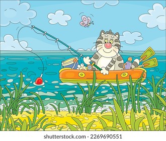 Funny striped fat cat fisherman sitting in an inflatable boat with a fishing-rod and catching small fishes in reeds of a pretty lake on a sunny summer day, vector cartoon illustration