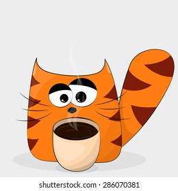 Funny striped ginger cat with cup of coffee. Sleepy cat. Cartoon character. Isolated