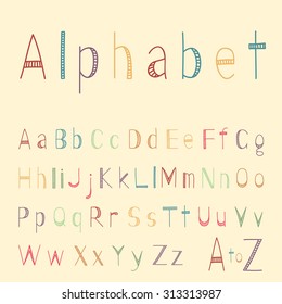 Funny striped hand drawn latin alphabet letters in childish style. Colorful vector ABC with strokes for cards and media