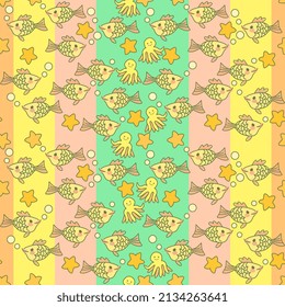 Funny striped seamless pattern with swimming fish, starfish and octopuses. Fabric print for baby.