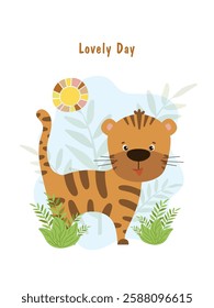 Funny funny striped tiger. Flat style vector illustration for birthday invitation, cards and stickers.