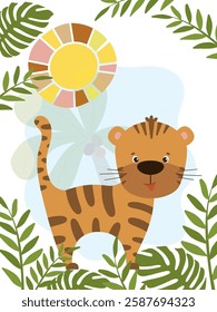 Funny striped tiger in jungle. Flat style vector illustration for birthday invitation, cards and stickers.