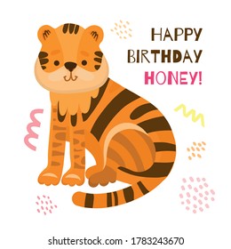 Funny striped tiger on a white background isolated. Vector greeting card with the inscription Happy Birthday. Square postcard for social networks or print run. Flat safari animal design