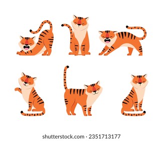 Funny Striped Tiger with Orange Fur Vector Illustration Set