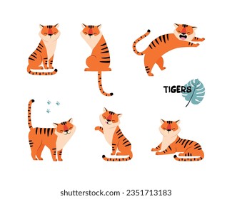 Funny Striped Tiger with Orange Fur Vector Illustration Set