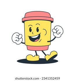 Funny strong coffee paper cup smiling cartoon character comic retro 30s animation style icon vector flat illustration. Cute caffeine hot beverage to go take away powerful cheerful outline emoticon