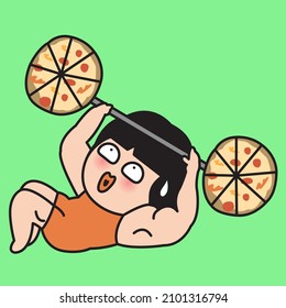 Funny Strong Girl have a Weightlifting Pizza. Fast Food Eater Concept Card Character illustration