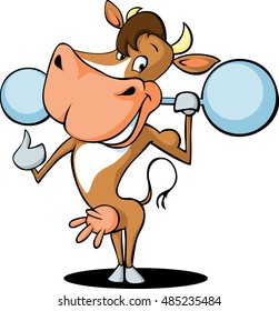 Funny Strong Health Fitness Cow Lift Weights Cartoon - Vector Illustration