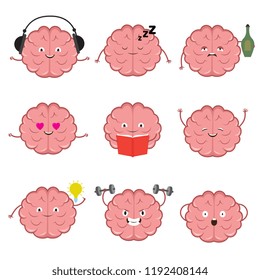 Funny strong, healthy and smart brain. Brains emotions vector cartoon characters set. Illustration of brain funny, smart and drunk intellect